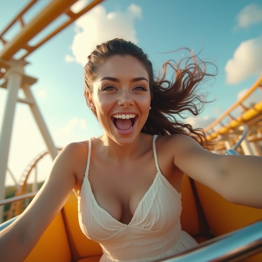 Woman Thrilled on Roller Coaster in Summer Dress