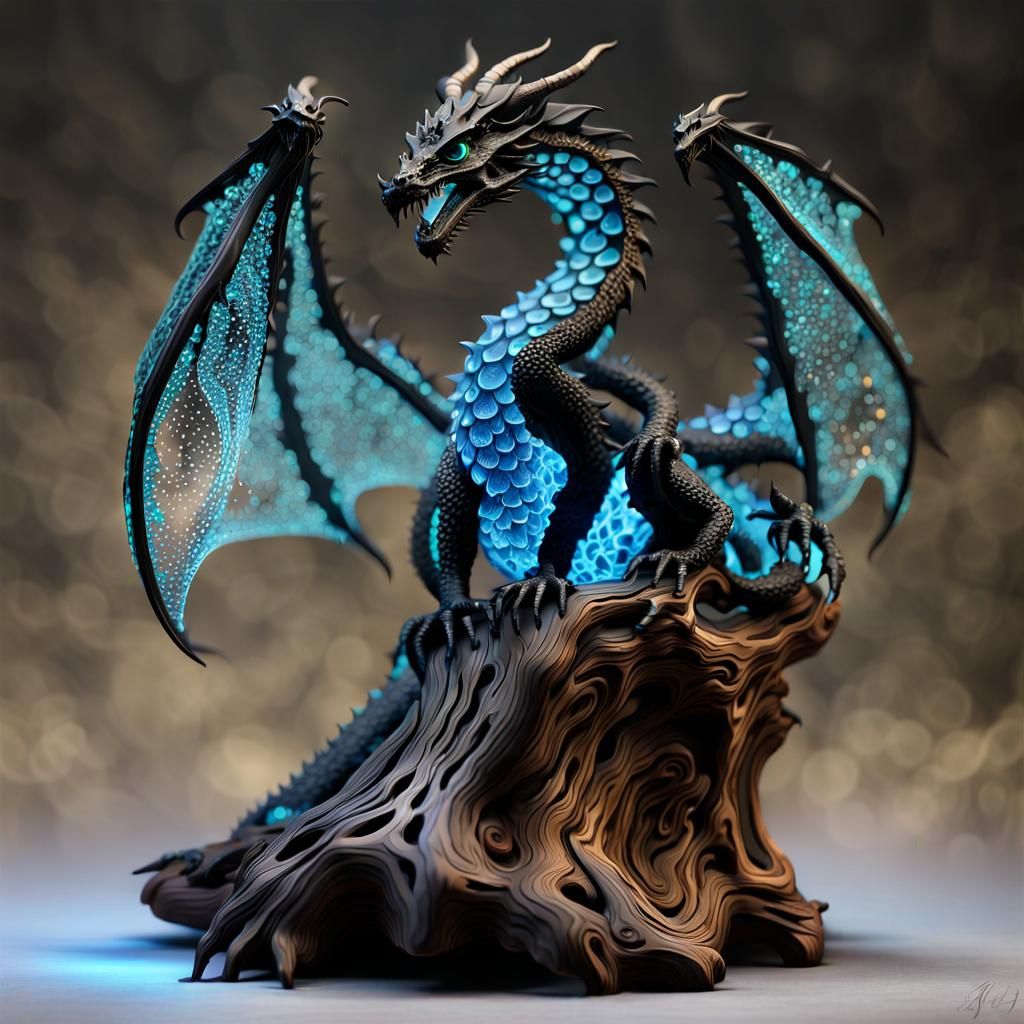 Bioluminescent Crystal Dragon Sculpture on Gnarled Tree