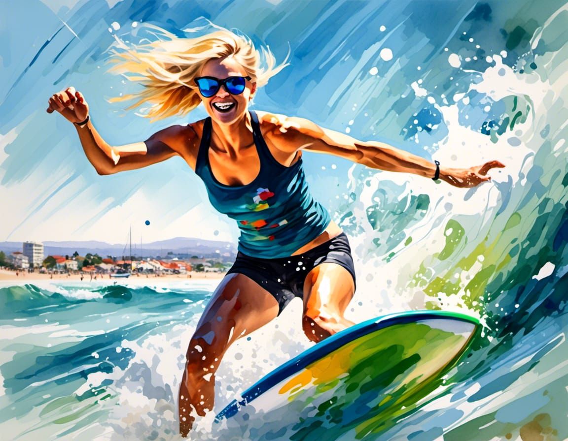 Die  Blondine in kurzer Hose , Sonnenbrille beim Surfen