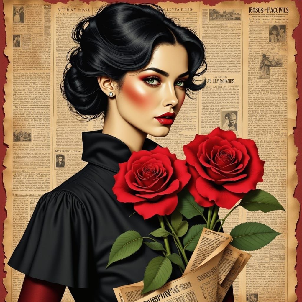 Woman with Roses in Neo-Traditional Collage
