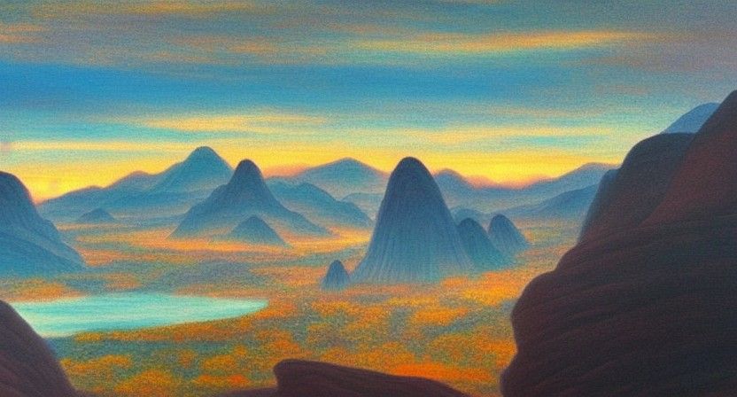Korean Painting: Sunrise Over Mountain River