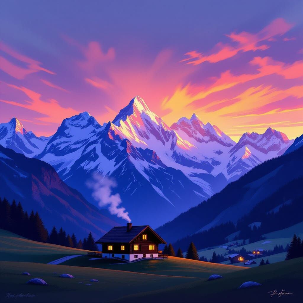 Swiss Alps Chalet in Twilight Panorama