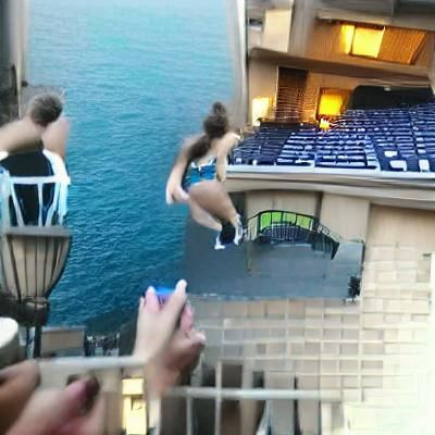 Person Jumping from Balcony in Mid-Air