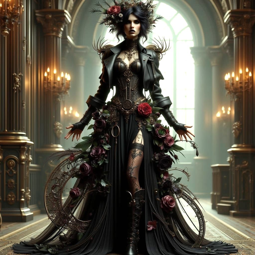 Ethereal Art Nouveau Punk Woman in Gothic Cathedral