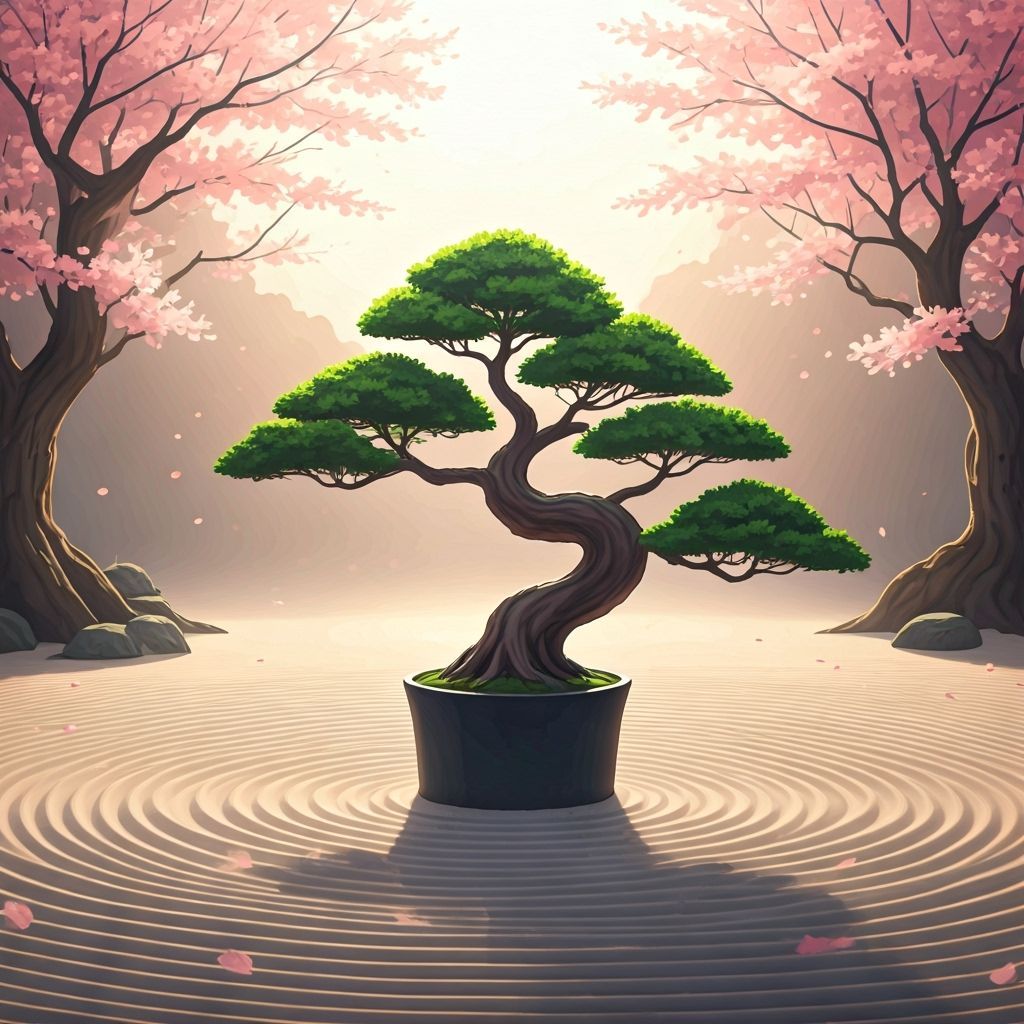 Serene Japanese Garden with Bonsai and Sakura Blossoms