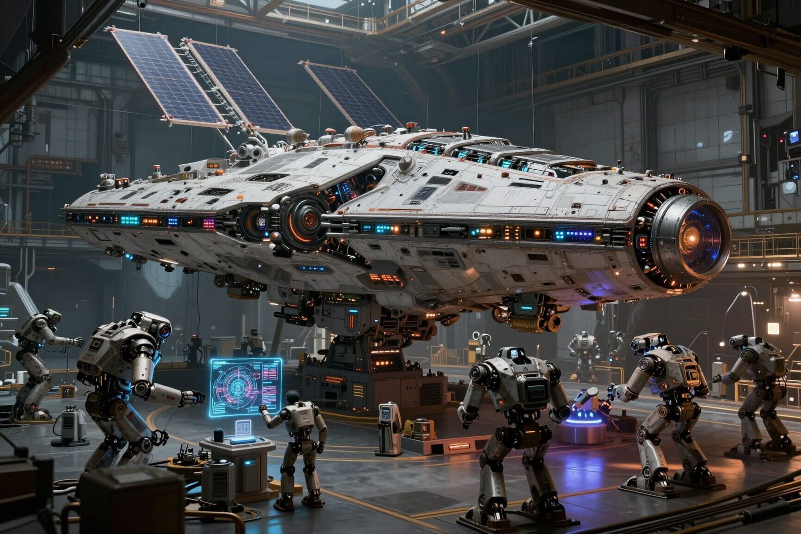 Colossal Spaceship Under Construction in Orbital Hangar