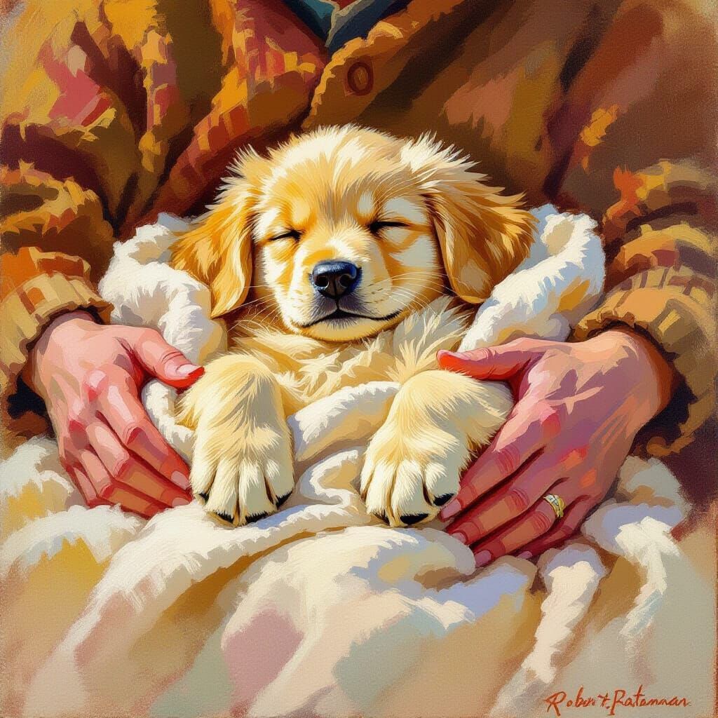 Golden Retriever Puppy Sleeping, Impressionist Style