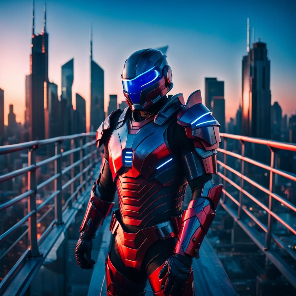 Futuristic Hero Overlooking Cyberpunk City at Sunset