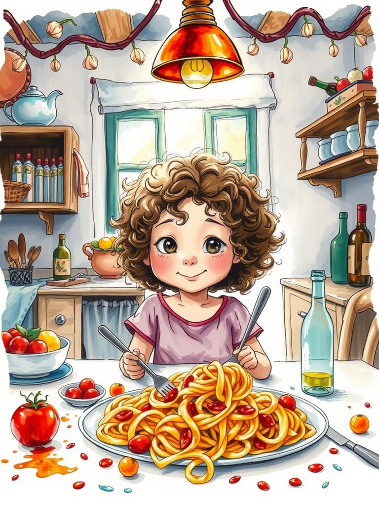 Joyful Spaghetti Feast: Watercolour and Ink Sketch