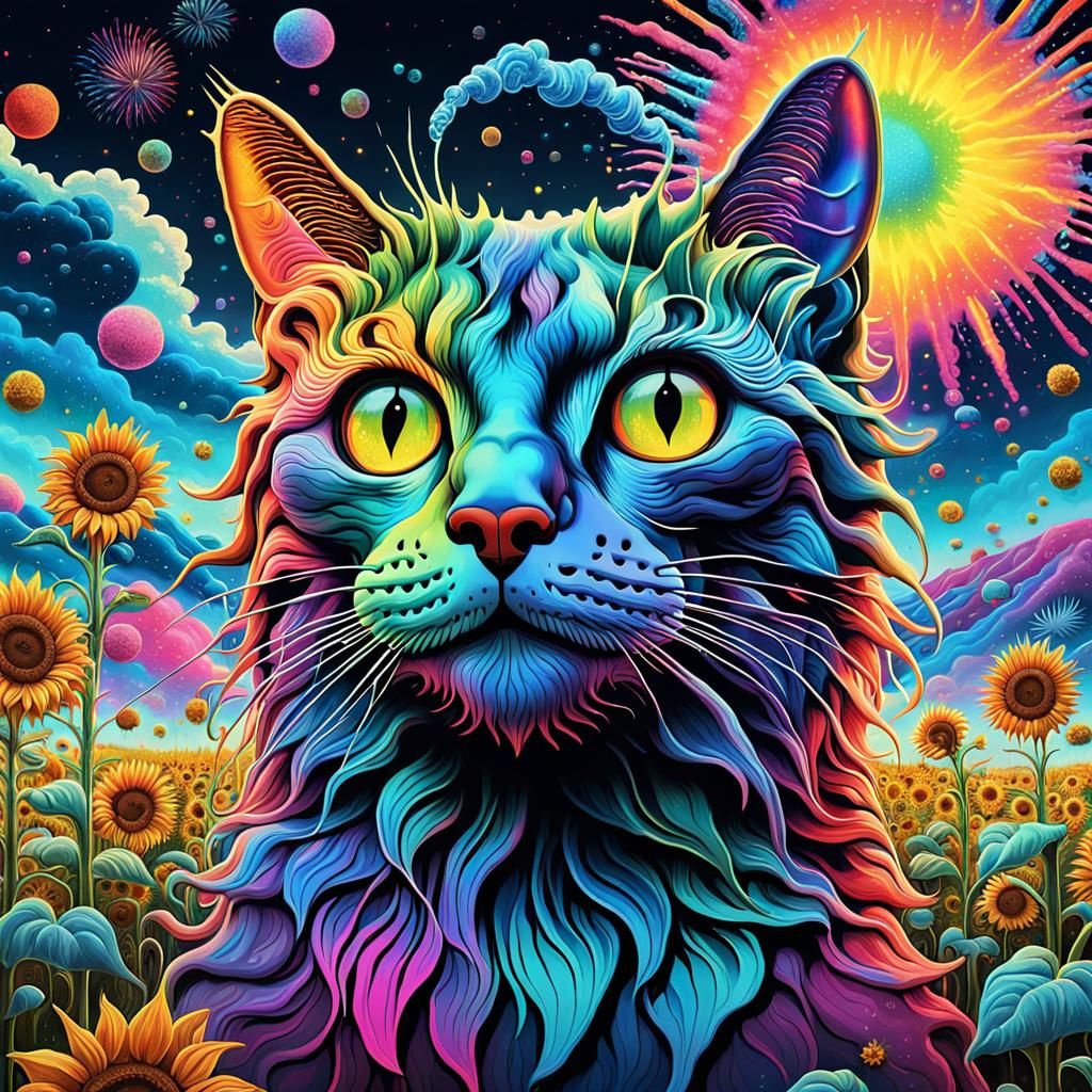 Surreal Cat in a Neon Tie-Dye Wonderland