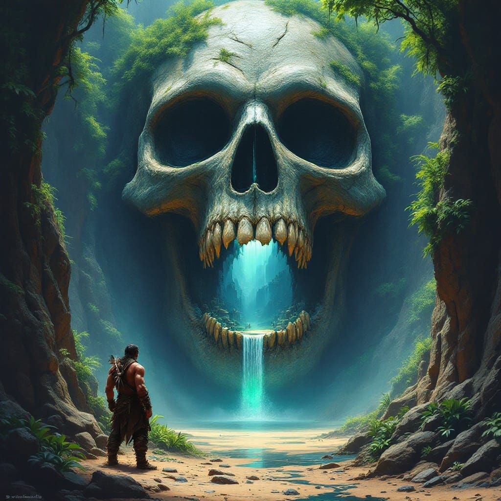 Surreal Jungle Valley Dominated by Colossal Skull with Cave...