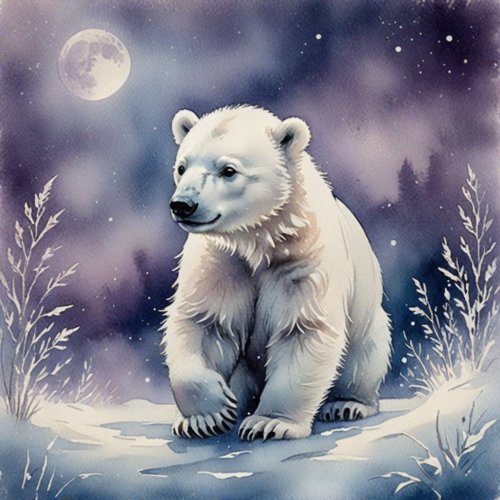 lora:Antique Watercolor 2:1.1 lora:MrsH Watercolor:1.0 polar bear cub in the snow in winter misty moonlight ethereal wat...