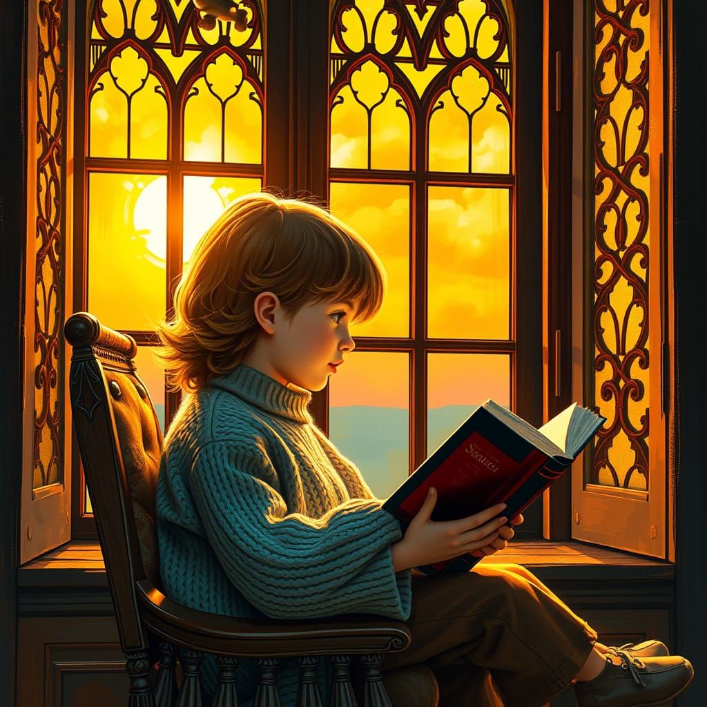Whimsical Child Reads by Sunset Window