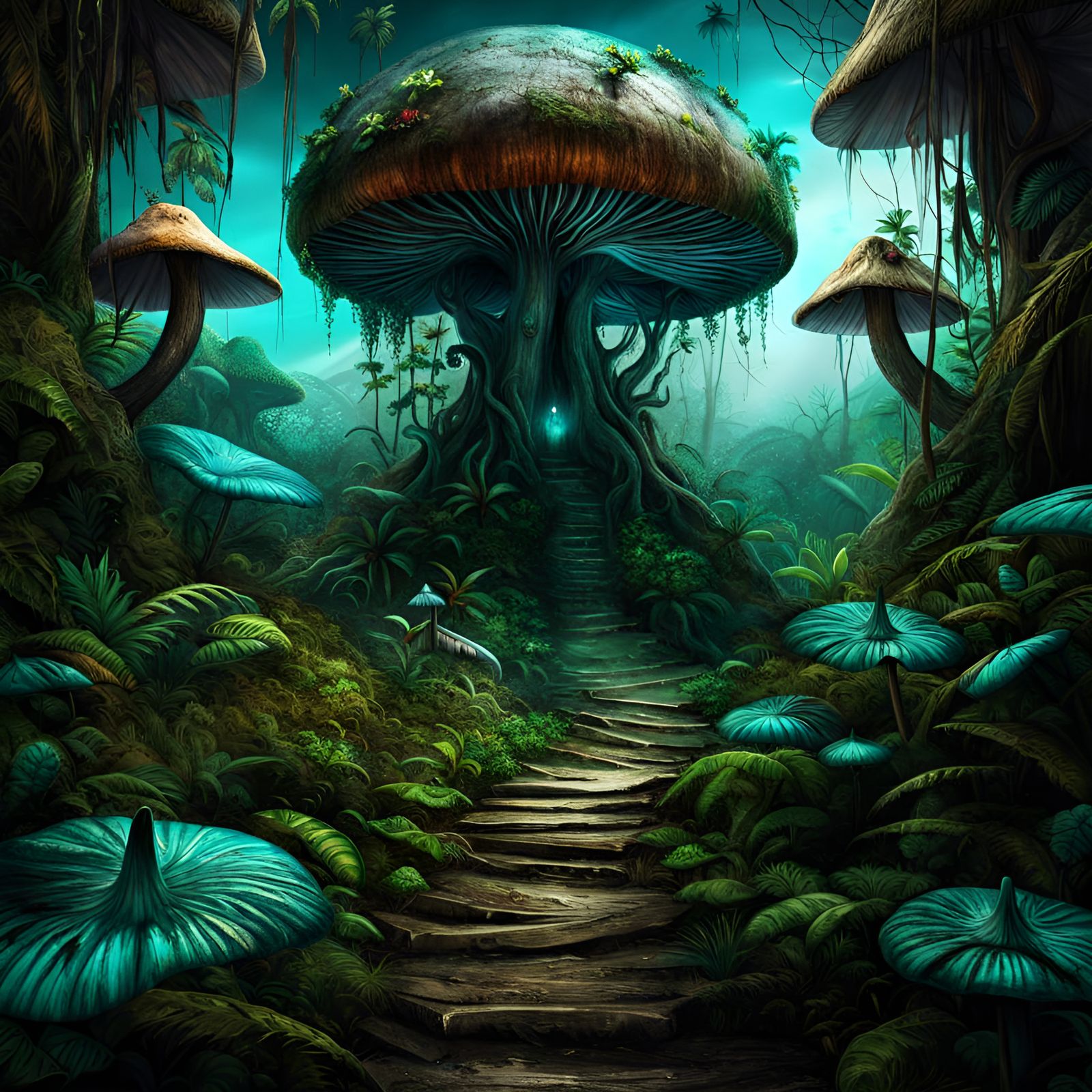 Sinister Spooky Jungle Path with Turquoise Mushrooms