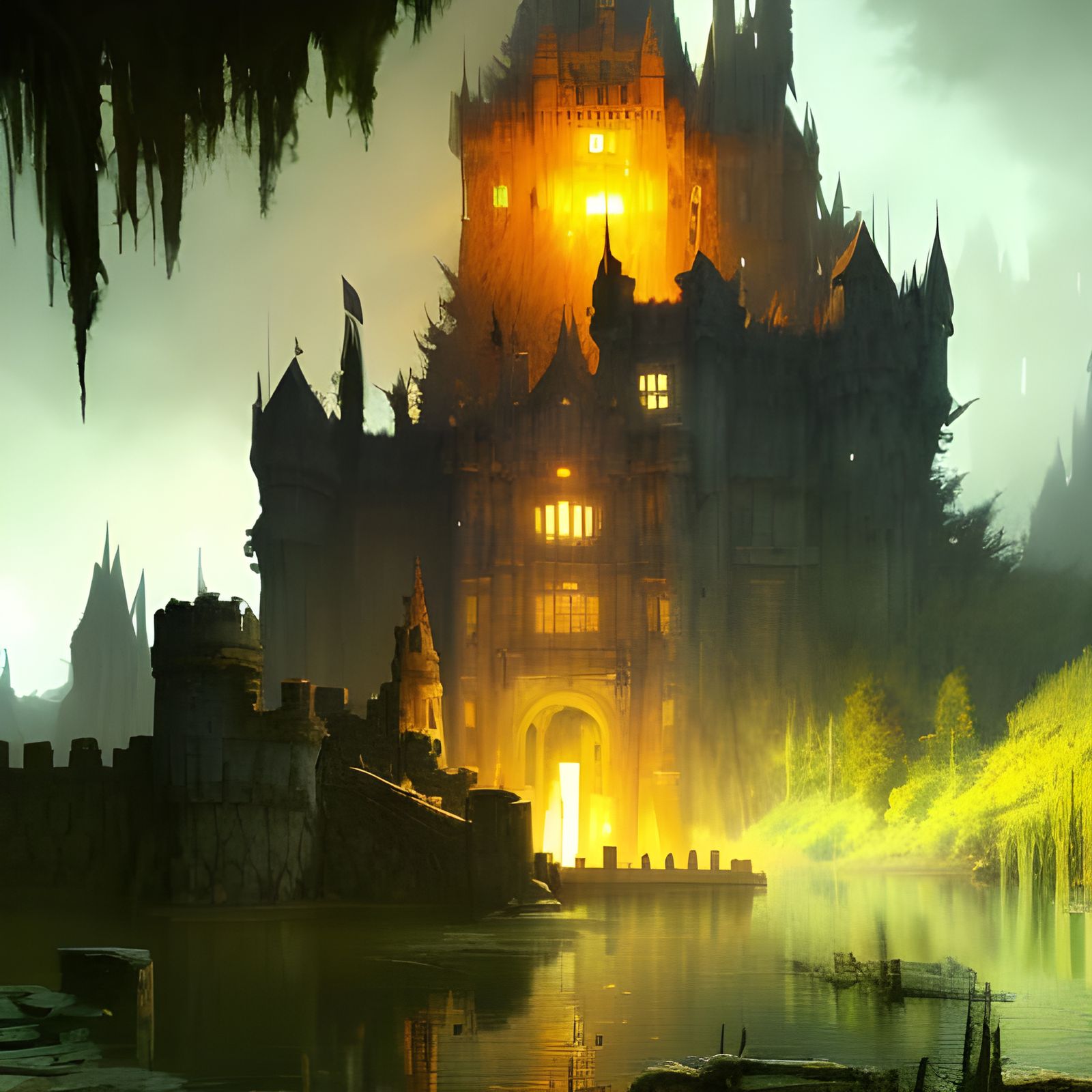Dark Fantasy Castle in a Swamp, Hyperdetailed Art