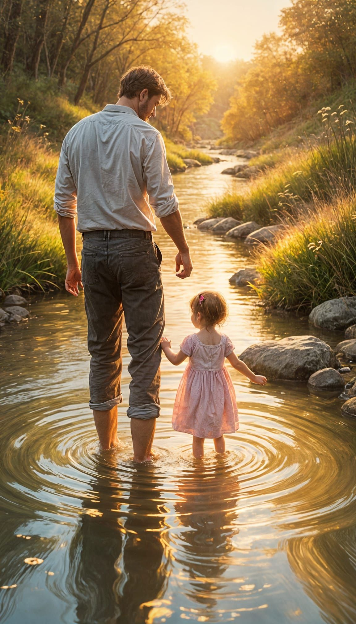 Father and Daughter Wading in Creek