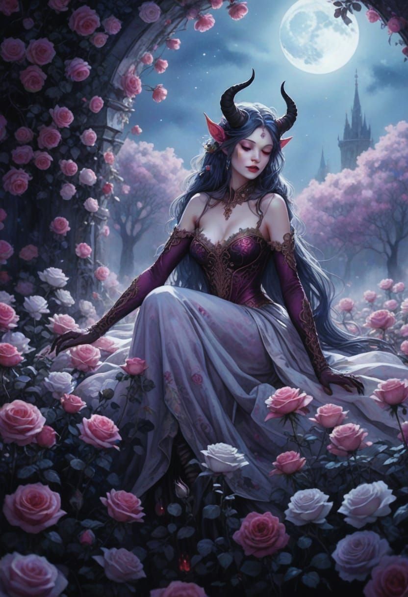 Sleeping Demon Princess in Gothic Watercolor Style