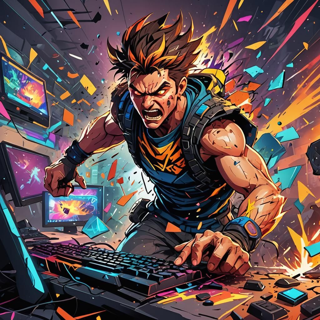 Cartoon Gamer Smashing Keyboard in Anger