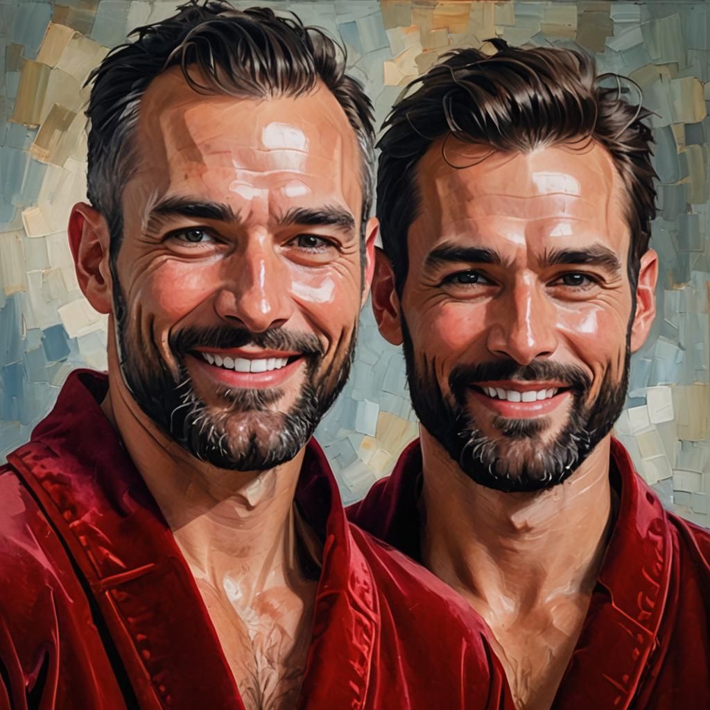 Handsome Couple in Red Velvet: Impasto Oil Painting