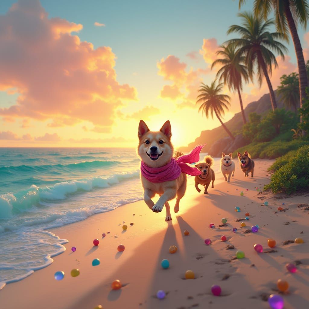 Dog's Beach Run: Dreamy Whimsical Sunrise
