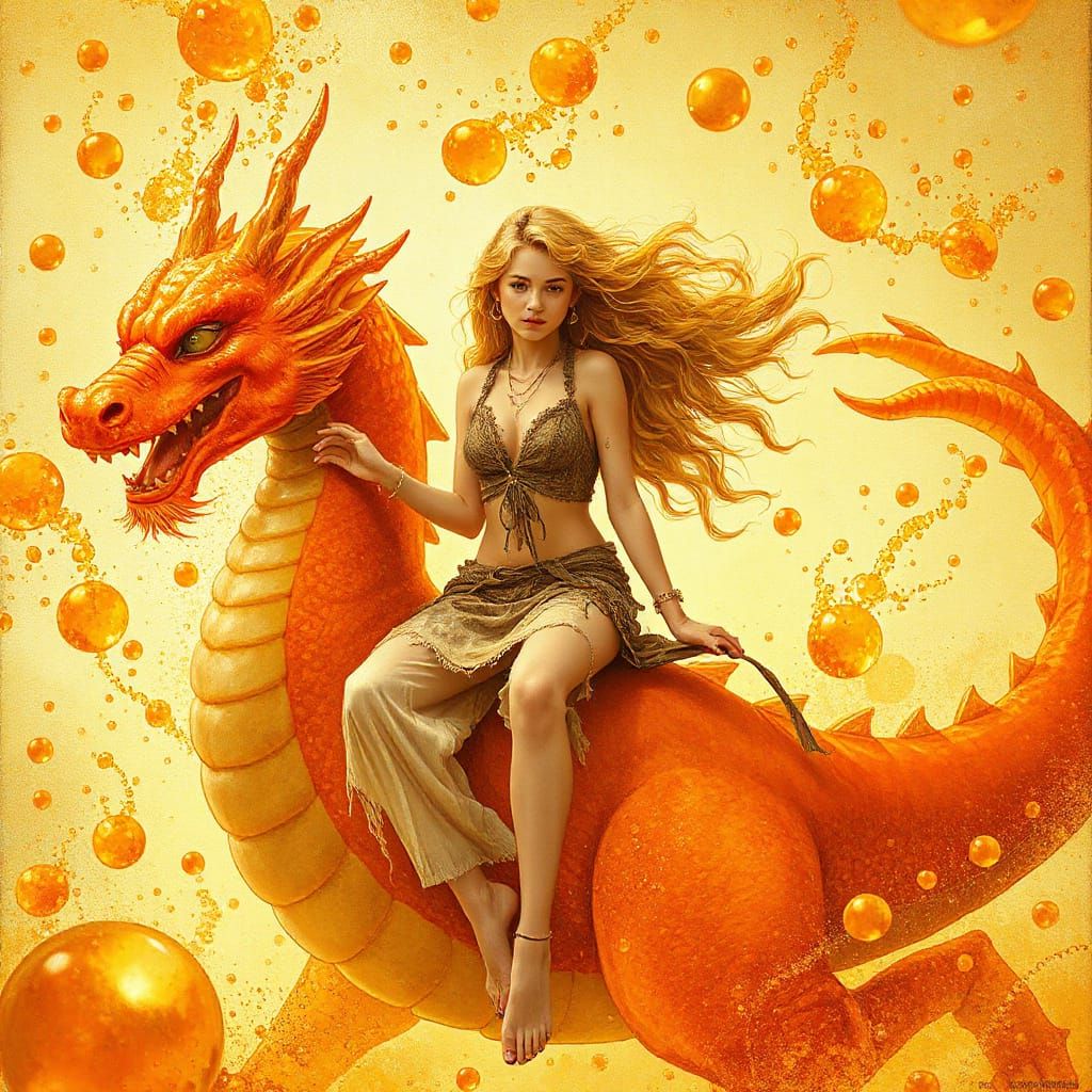 Woman on Gummy Dragon in Effervescent Soda Sea