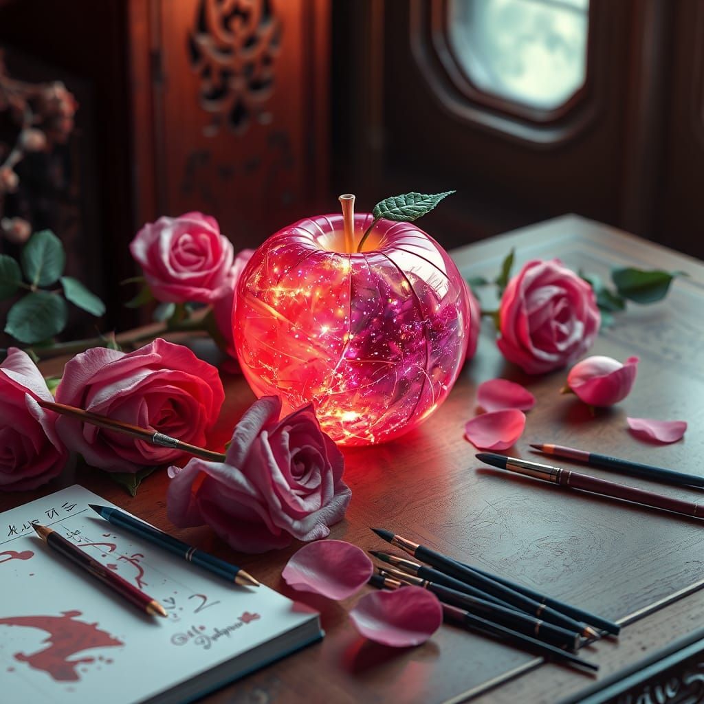 Futuristic Celestial Apple with Roses, in 3D Anime Art