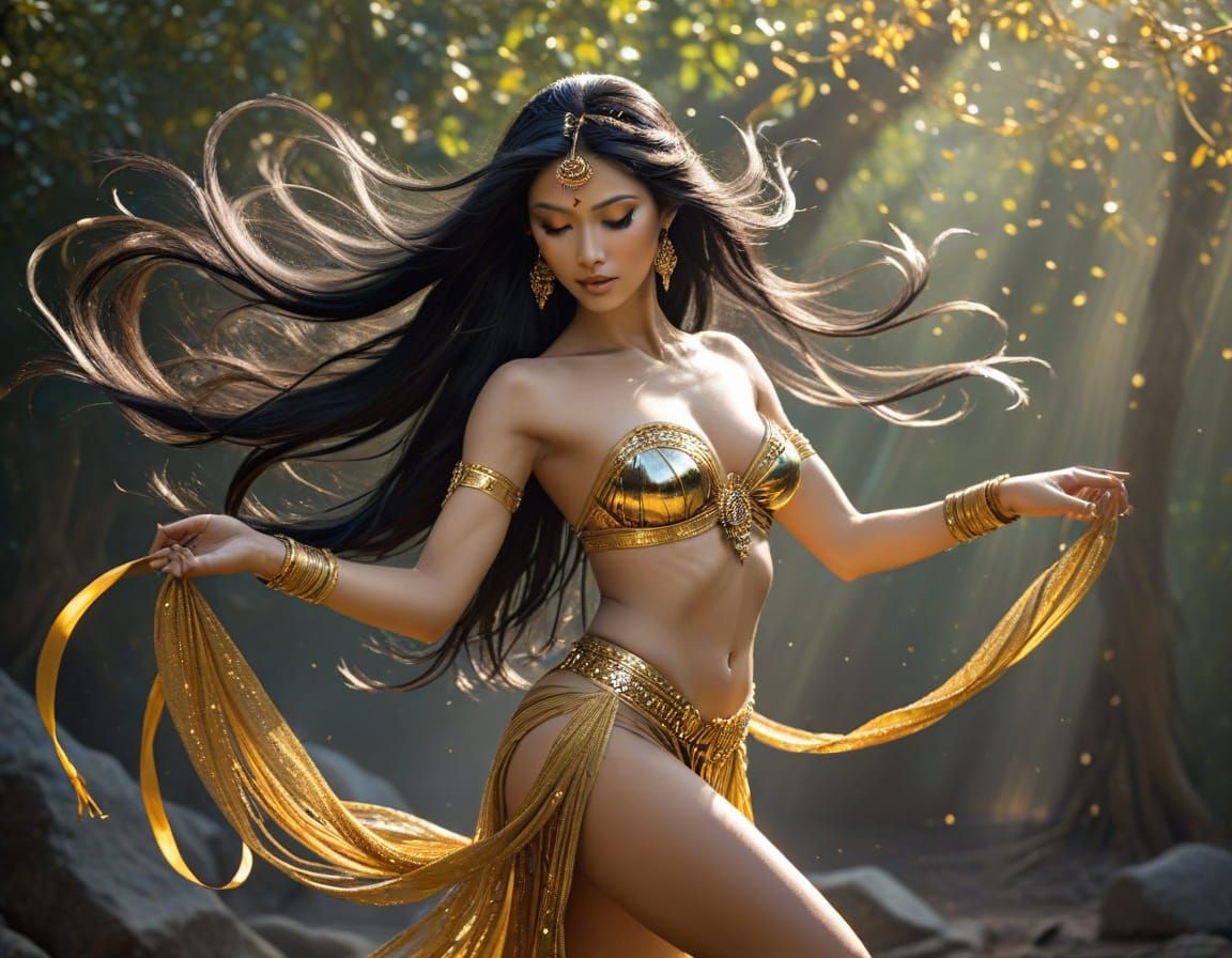 Exotic Gold Apsara Dancer with Flowing Ribbons