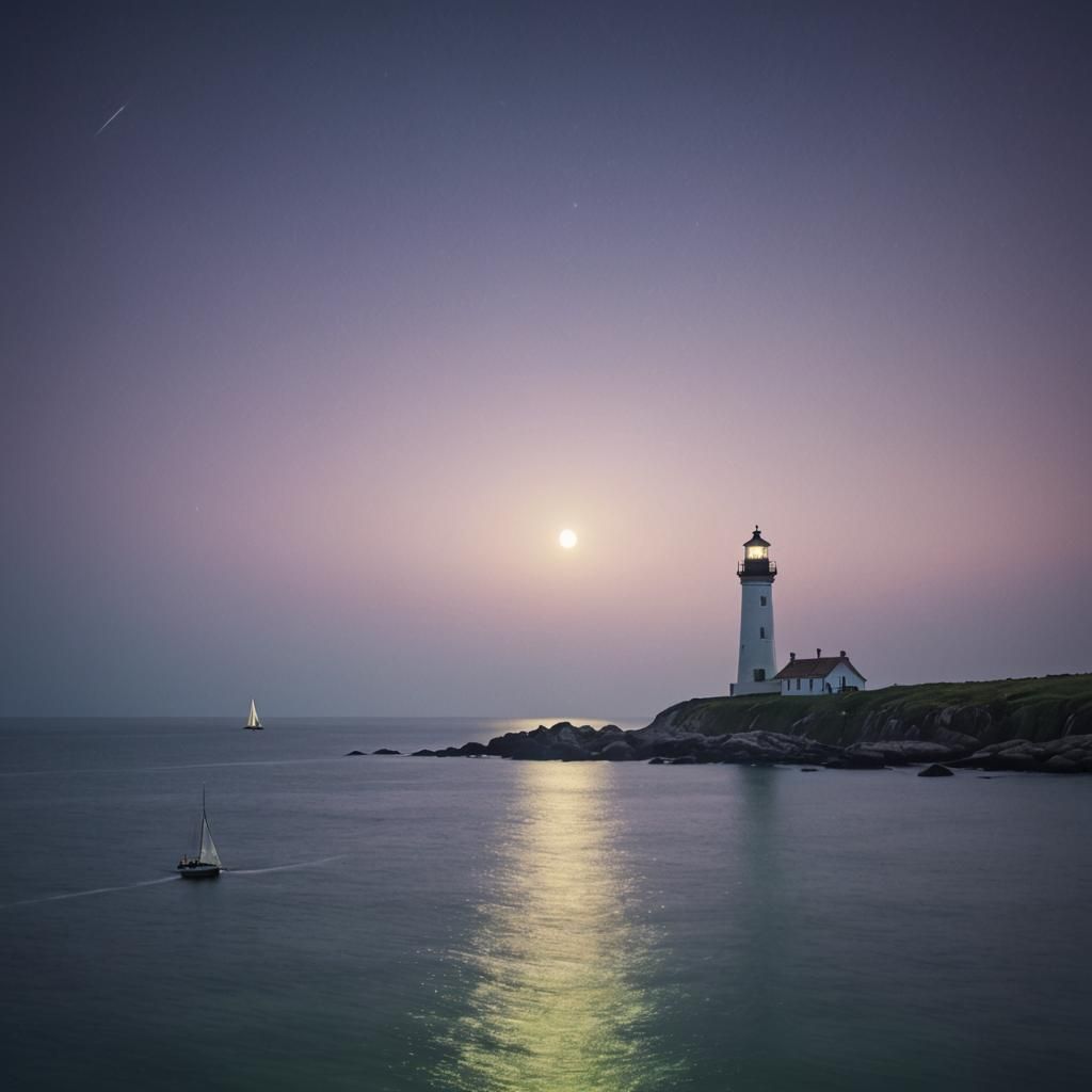 Romantic Lighthouse Seascape at Night in Pastel Colors