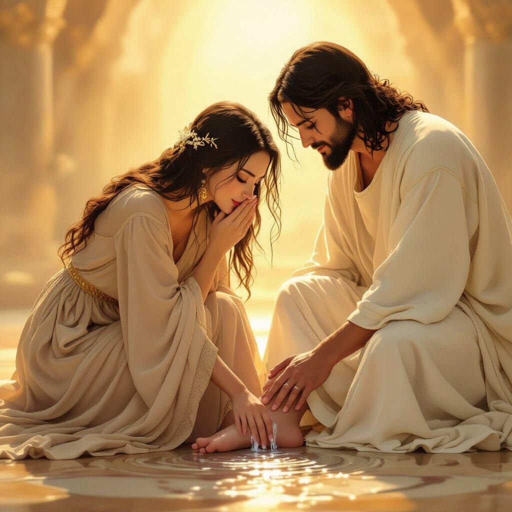 Woman Washes Jesus' Feet: Art Nouveau Style