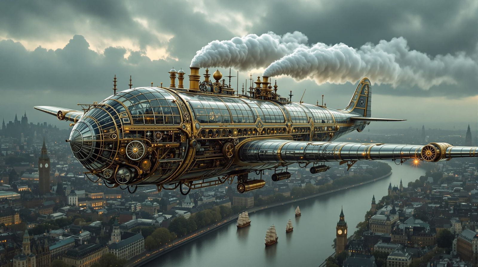 Steampunk Dog-Shaped Airplane Over Victorian London
