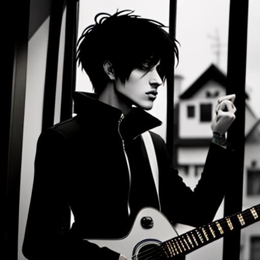 Emo Kid Serenade: Black and White Line Drawing