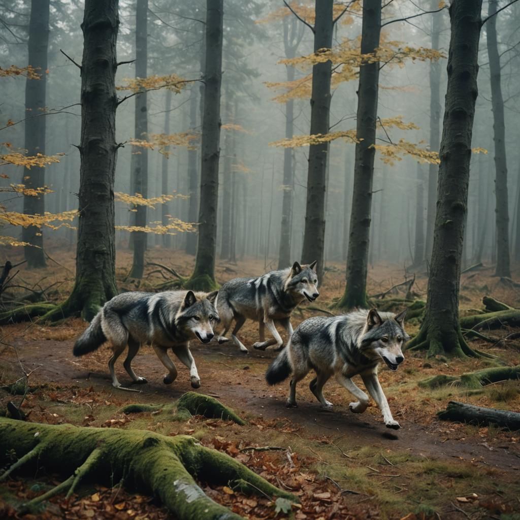 Wolves in Autumnal Swedish Forest: Cinematic Film Still