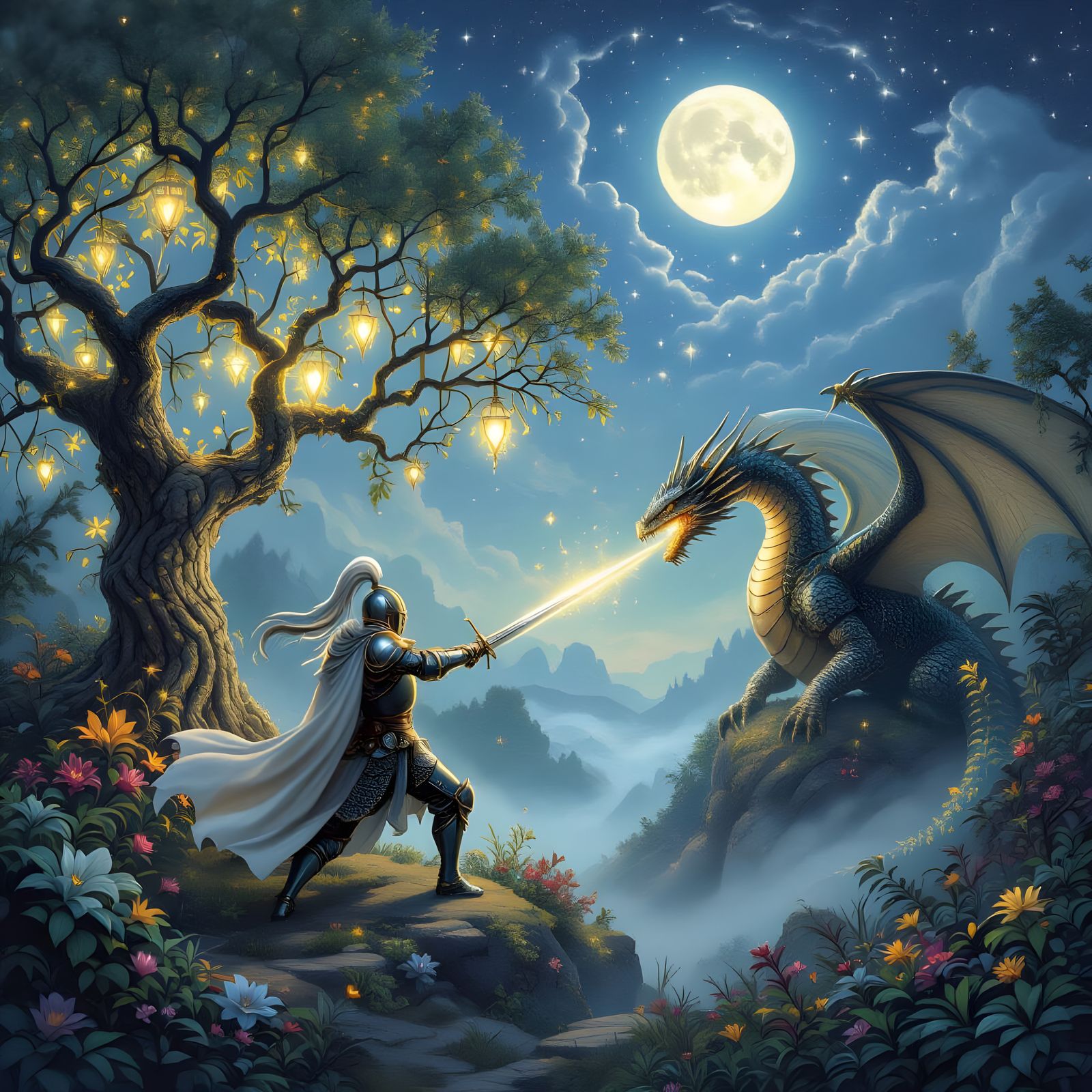 Knight vs Dragon Under Starry Moonlit Sky