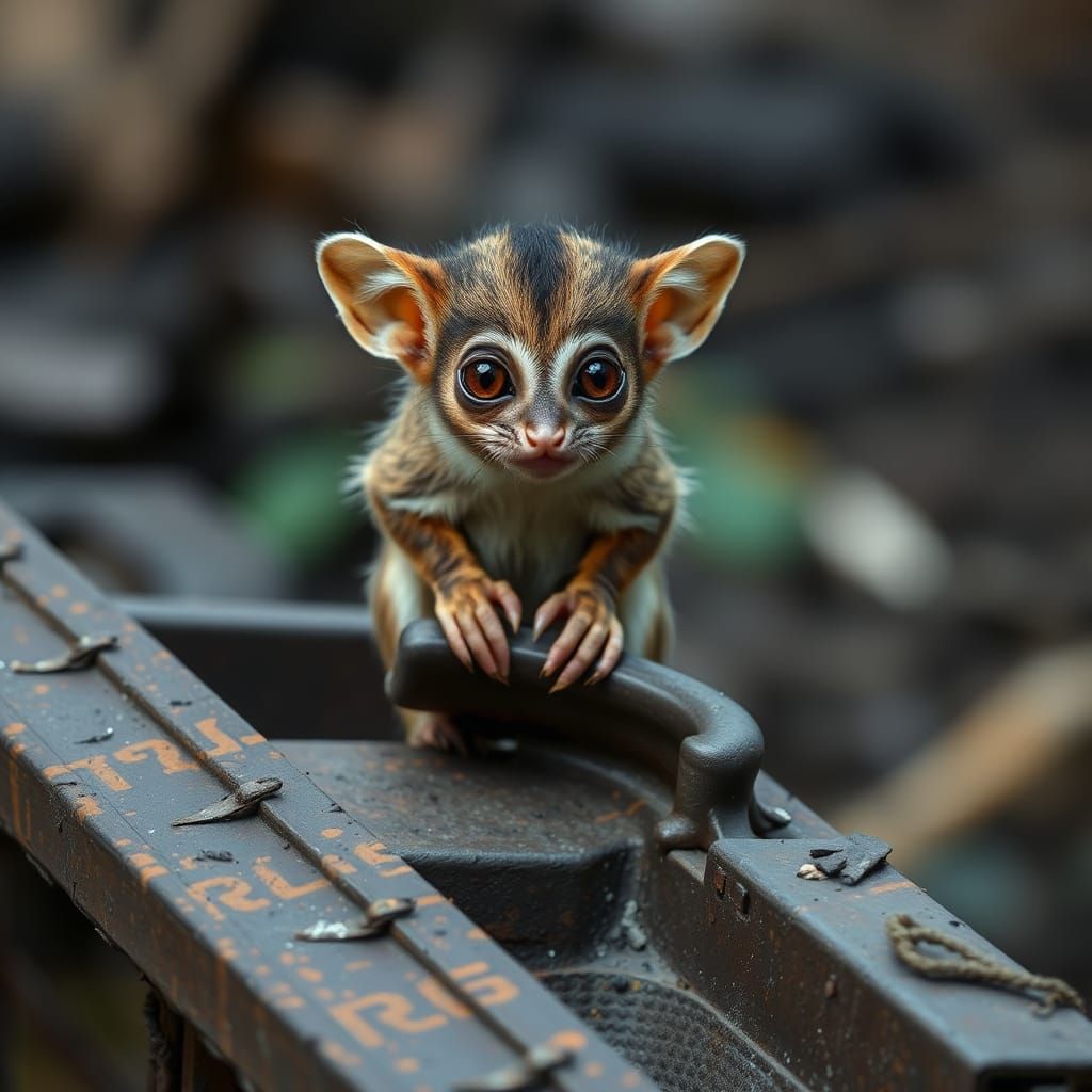 Pygmy Tarsier Portrait on Old Train Car