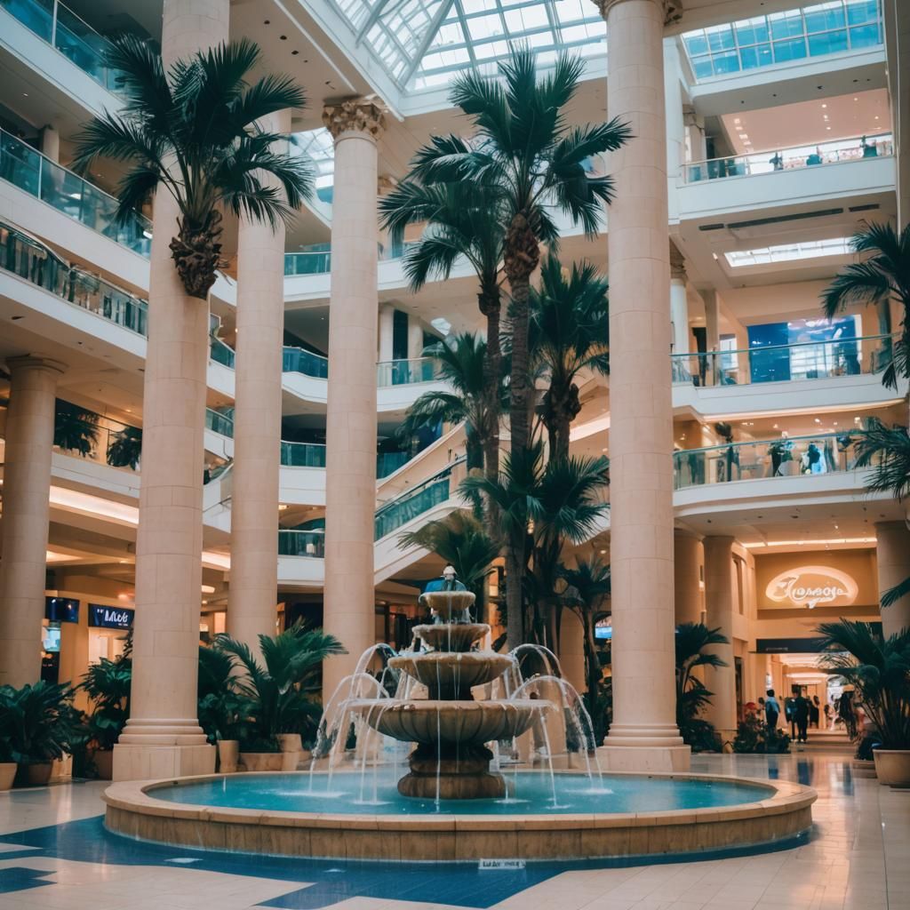 Vaporwave Palm Mall with Fountains and 80s Style