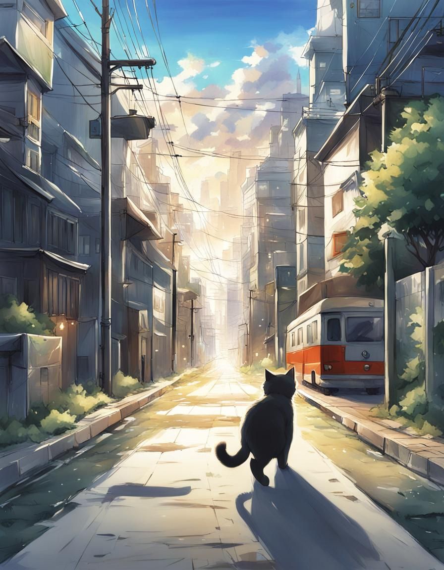Cat Walking Endless City Road in Anime Style