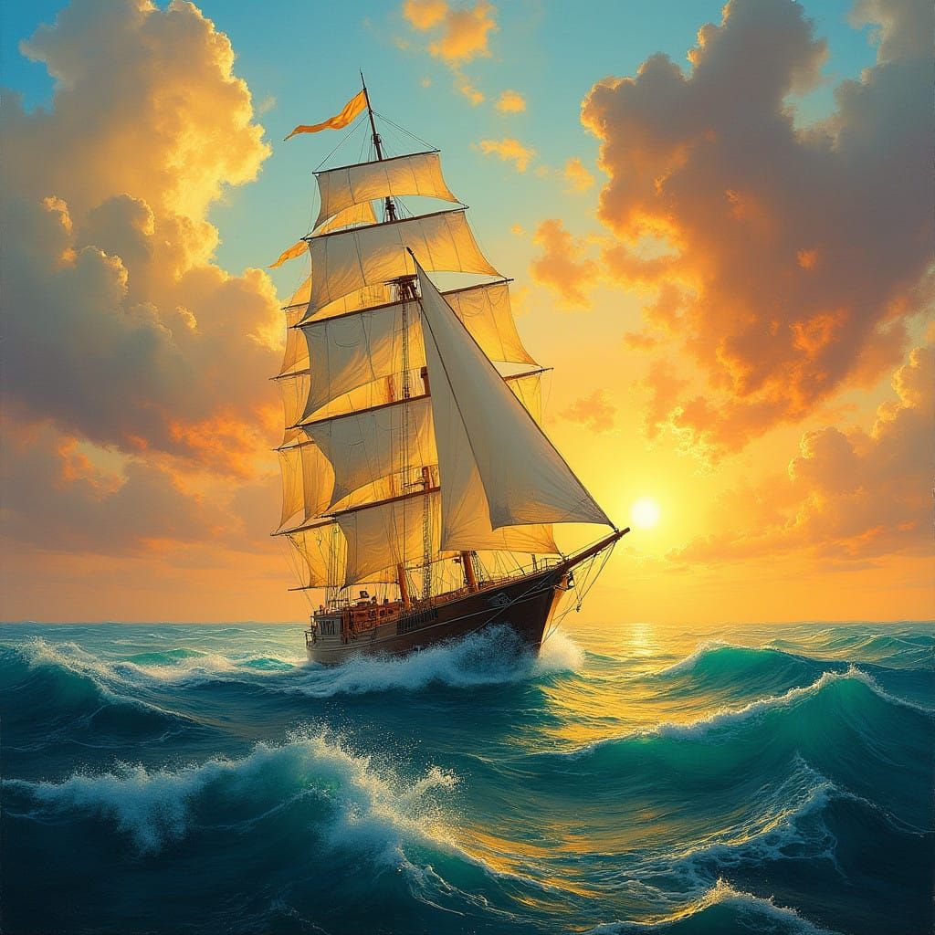 Majestic Sailboat in a Golden Sunset Scene