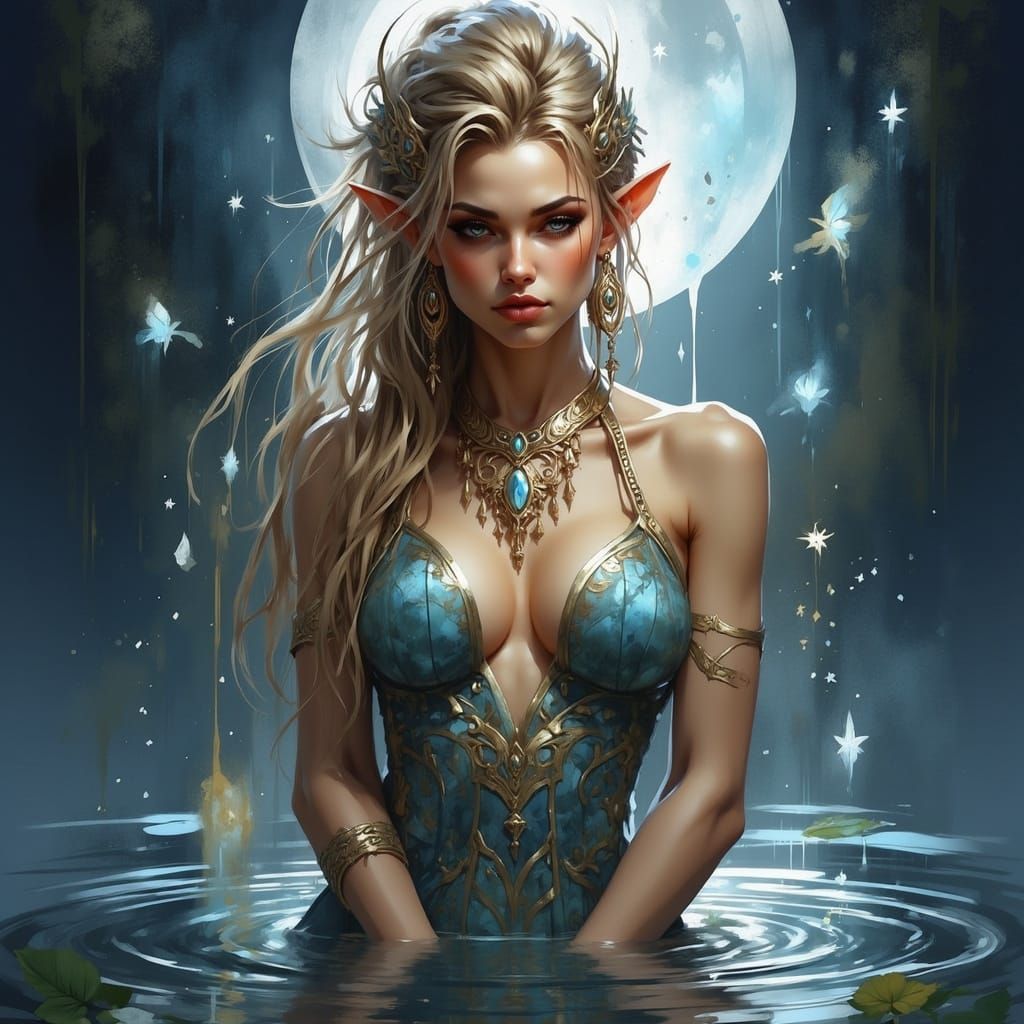 Elf Bathes Under Starry Sky in Dreamy Fantasy Style