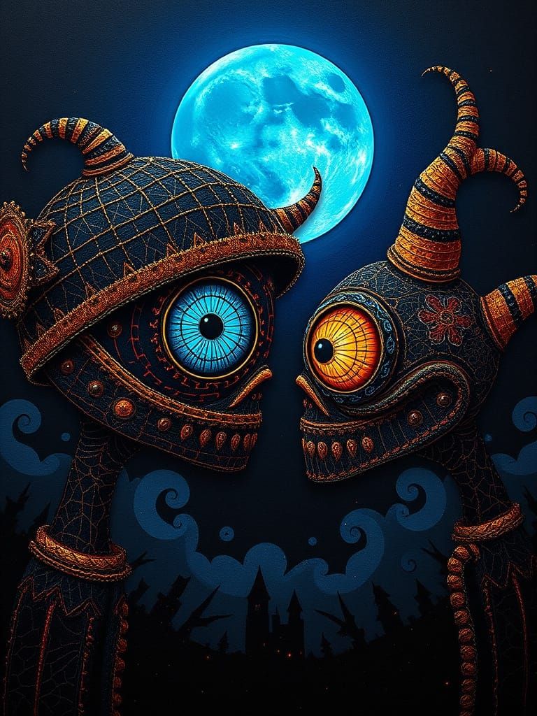 Two Shy Eyeball Hat Monsters Backlit by the Moon