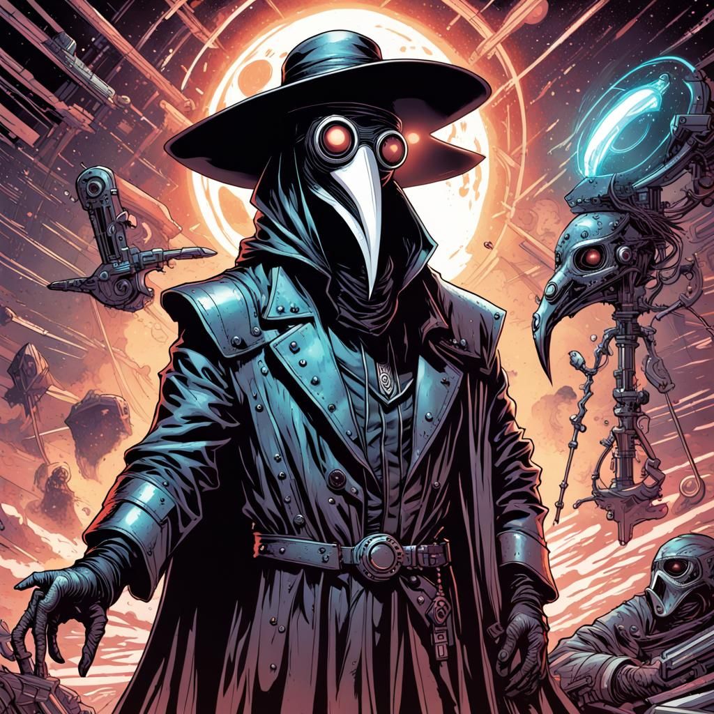 Futuristic Plague Doctor in Solar Punk Comic Style