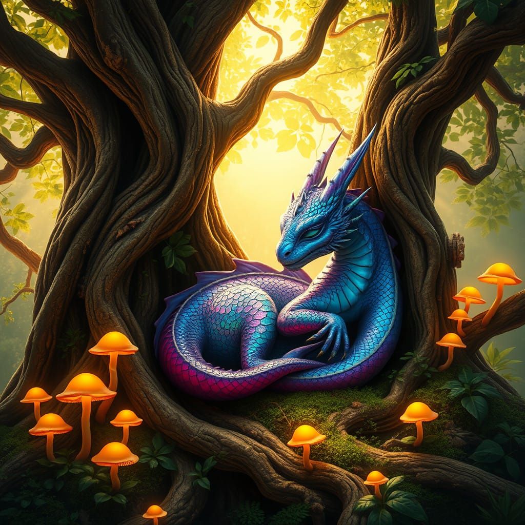 Dreamy Baby Dragon Slumbers in Ancient Tree Sanctuary