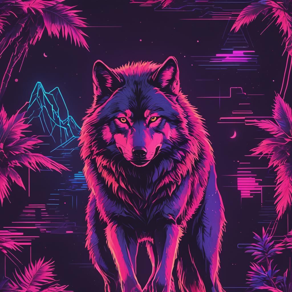Neon Wolf in Synthwave Retro Style