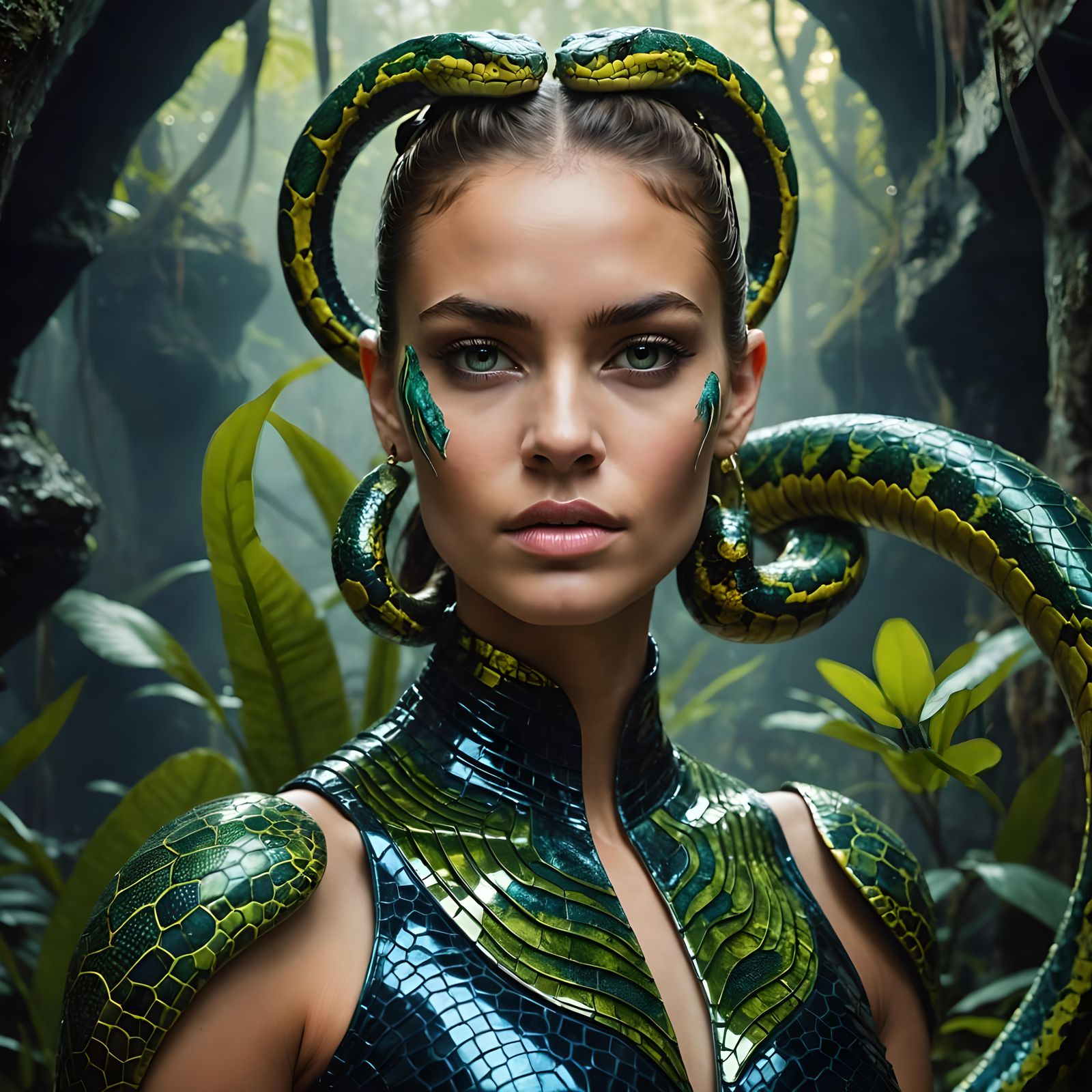 Double Exposure: Cobra and Elegant Woman in 3D Render