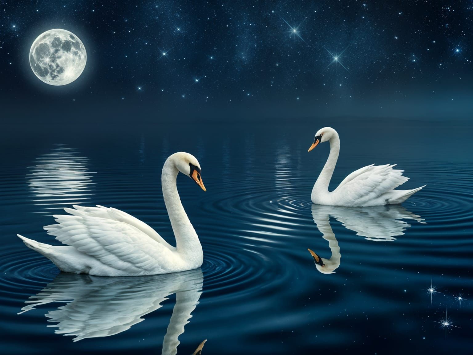 Swans Gliding Under a Starry Night Sky