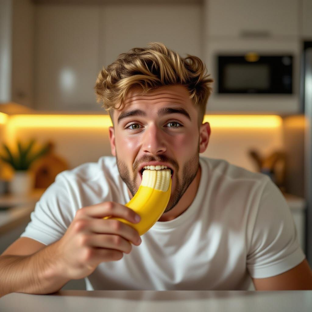 Jake Paul Eating Banana in Modern Kitchen