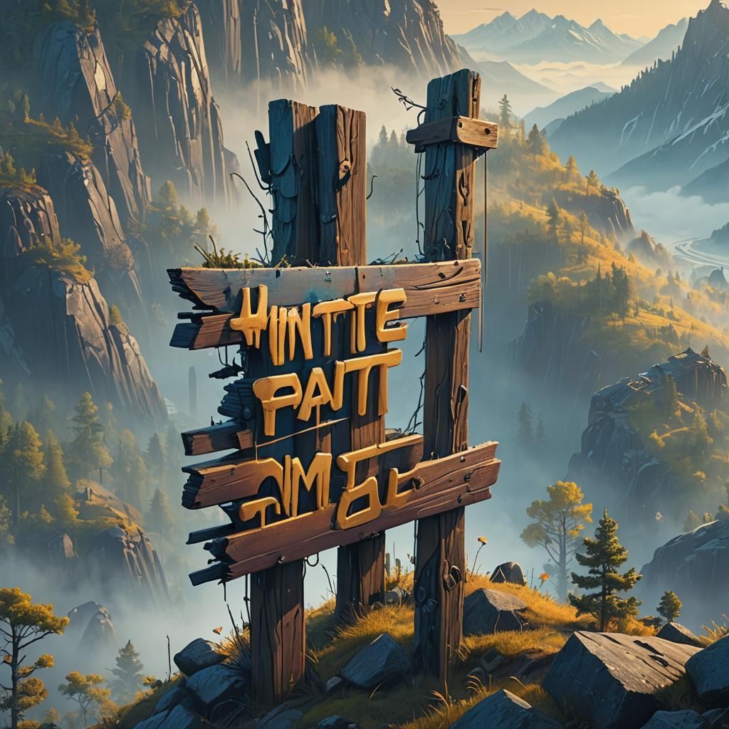 Misty Mountain Sign in Fantasy Matte Painting Style