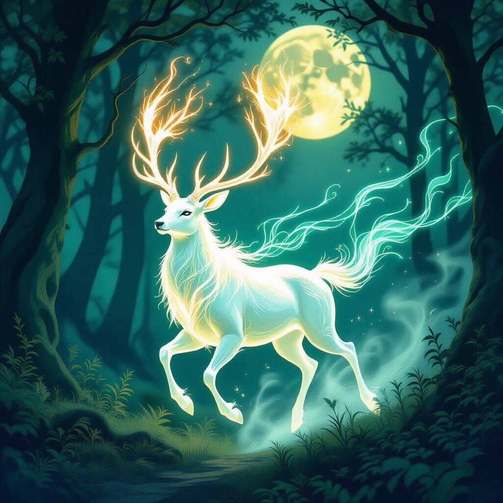 Flaming Stag Spirit in Moonlit Art Nouveau Forest