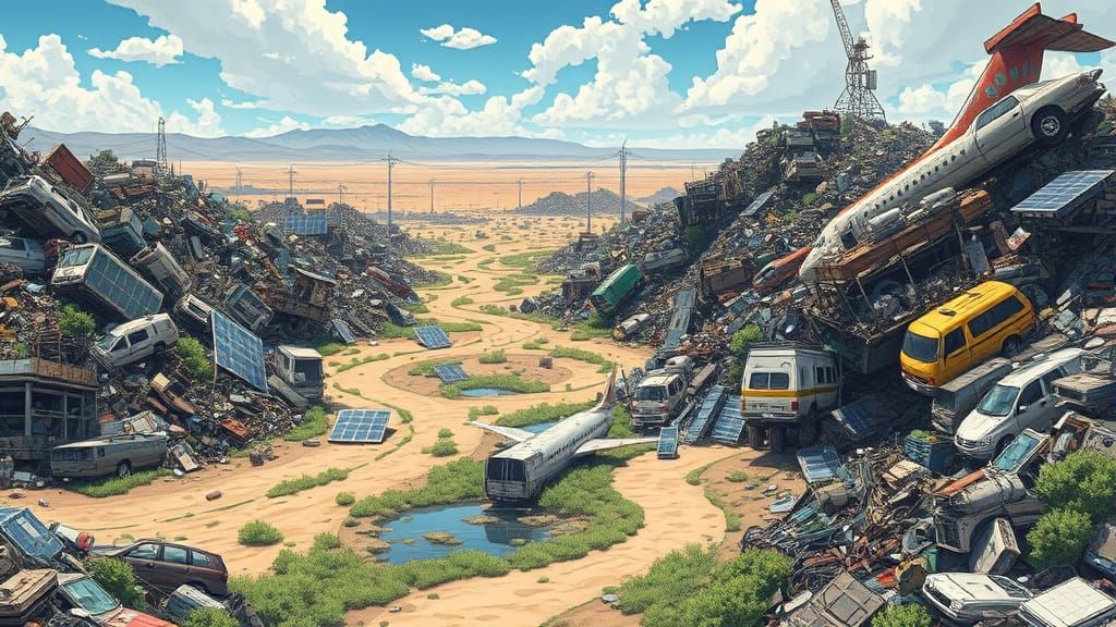 Post-Apocalyptic Scrapyard Landscape in Vibrant Anime Style