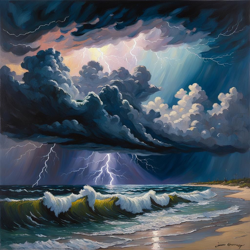 Ocean Storm with Lightning in Oil Paint Style