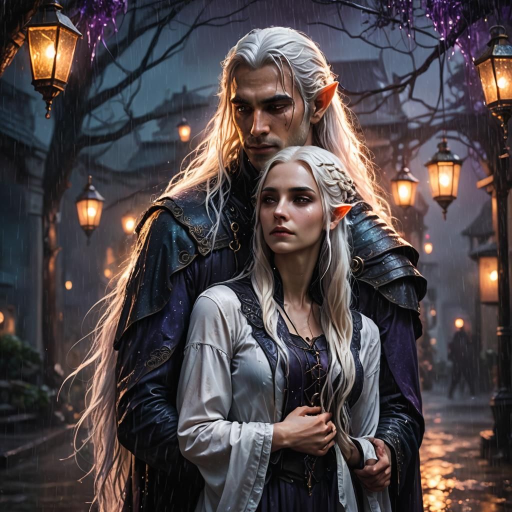 Gothic Elf Couple in Rainy Cityscape